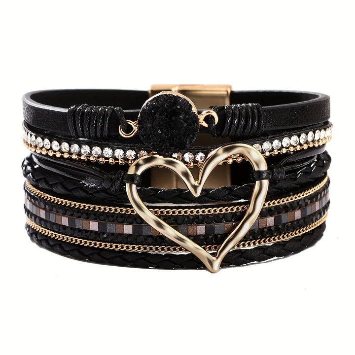Joely - Multi Layer Leather Bracelet With Heart Design