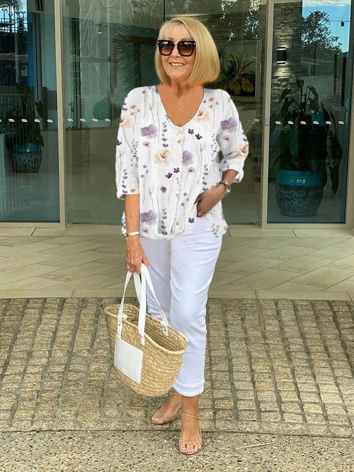 Teresa - Elegant Floral Blouse With Button