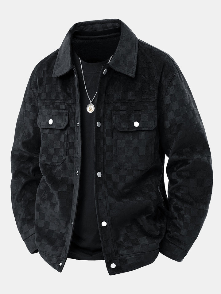 Leander - Checkerboard Print Faux Suede Pocket Jacket