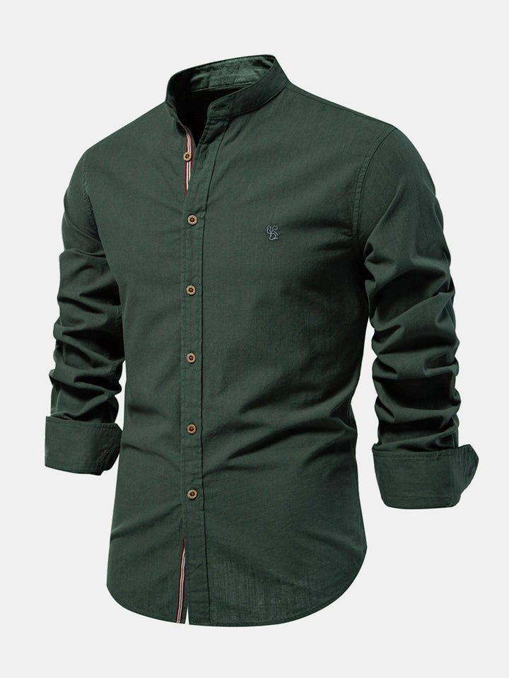 Mathias - Long Sleeve Linen Shirt With Stand Up Collar