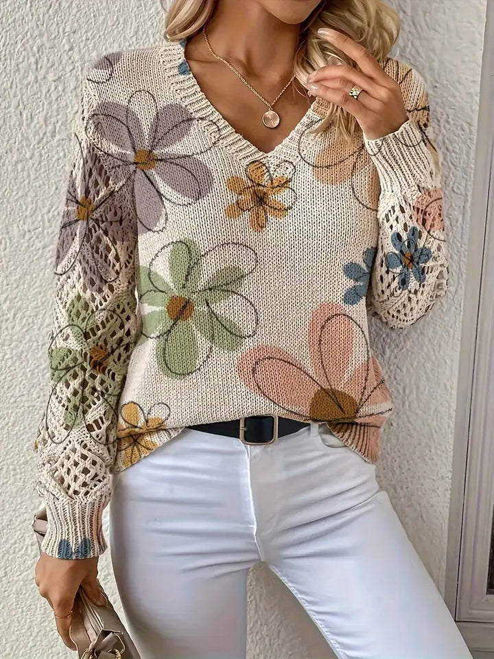 Marzena - Elegant Long Sleeve Sweater With Floral Print