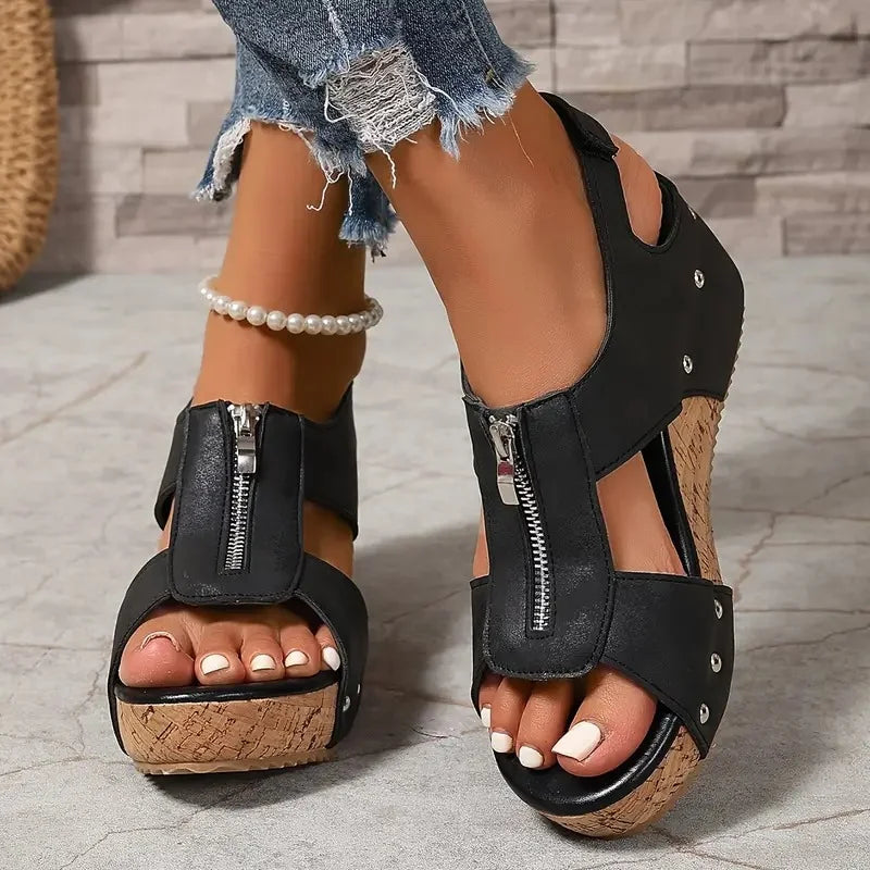 Evridiki - Stylish Wedge Sandals With Zipper