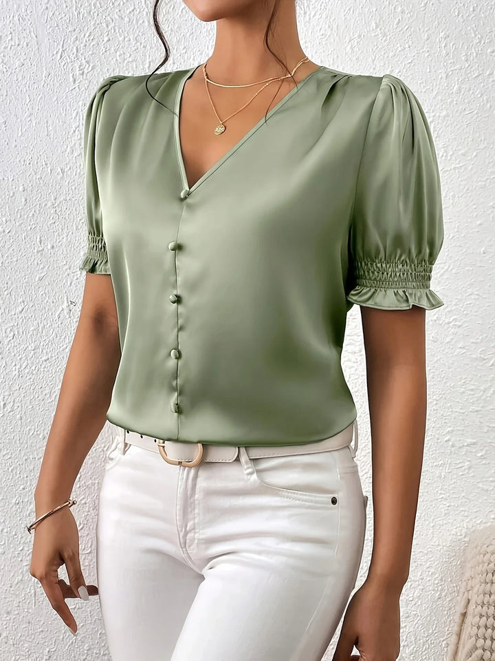 Abella - Elegant V-neck And Puff Sleeve Blouse