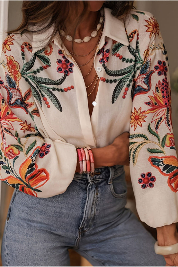 Mariluna - Casual Long Sleeve And Floral Print Shirt