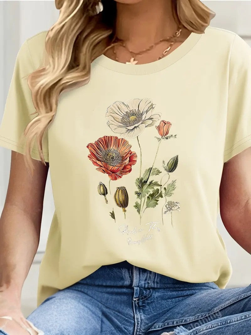 Aimilia - Elegant Short Sleeve T-Shirt With Floral Print