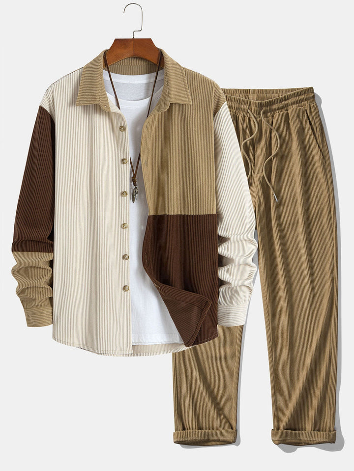 Dermot - Corduroy Patchwork Hooded Shirt And Pants Set