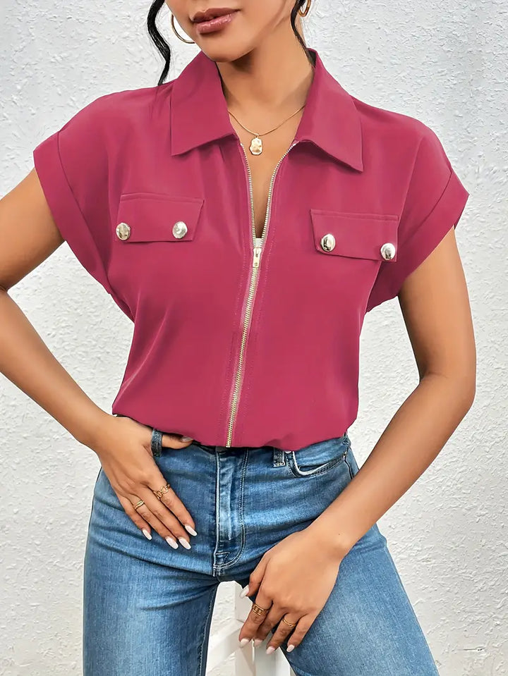Alfano - Elegant Short Sleeve Blouse With Zipper