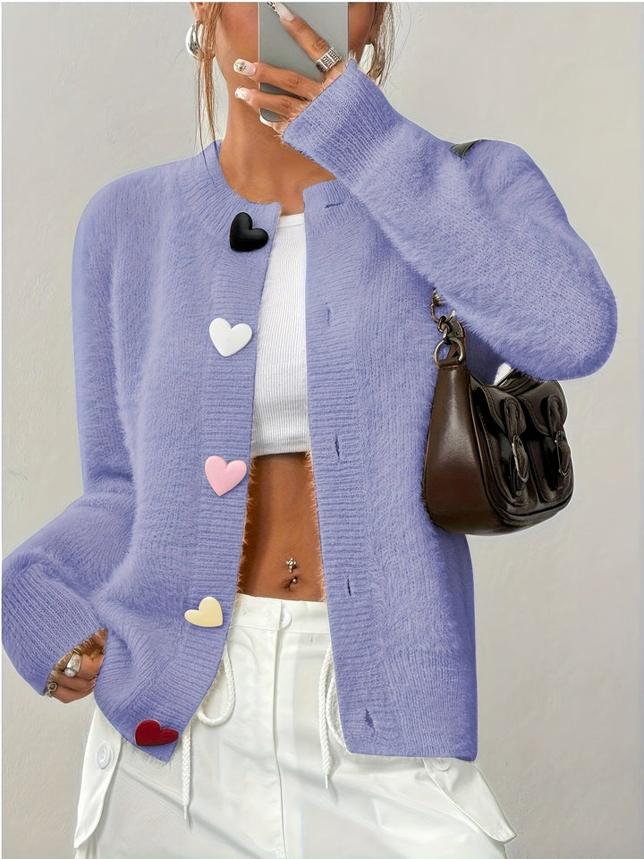 Smelissa - Heart Button Long Sleeve Knitted Cardigan
