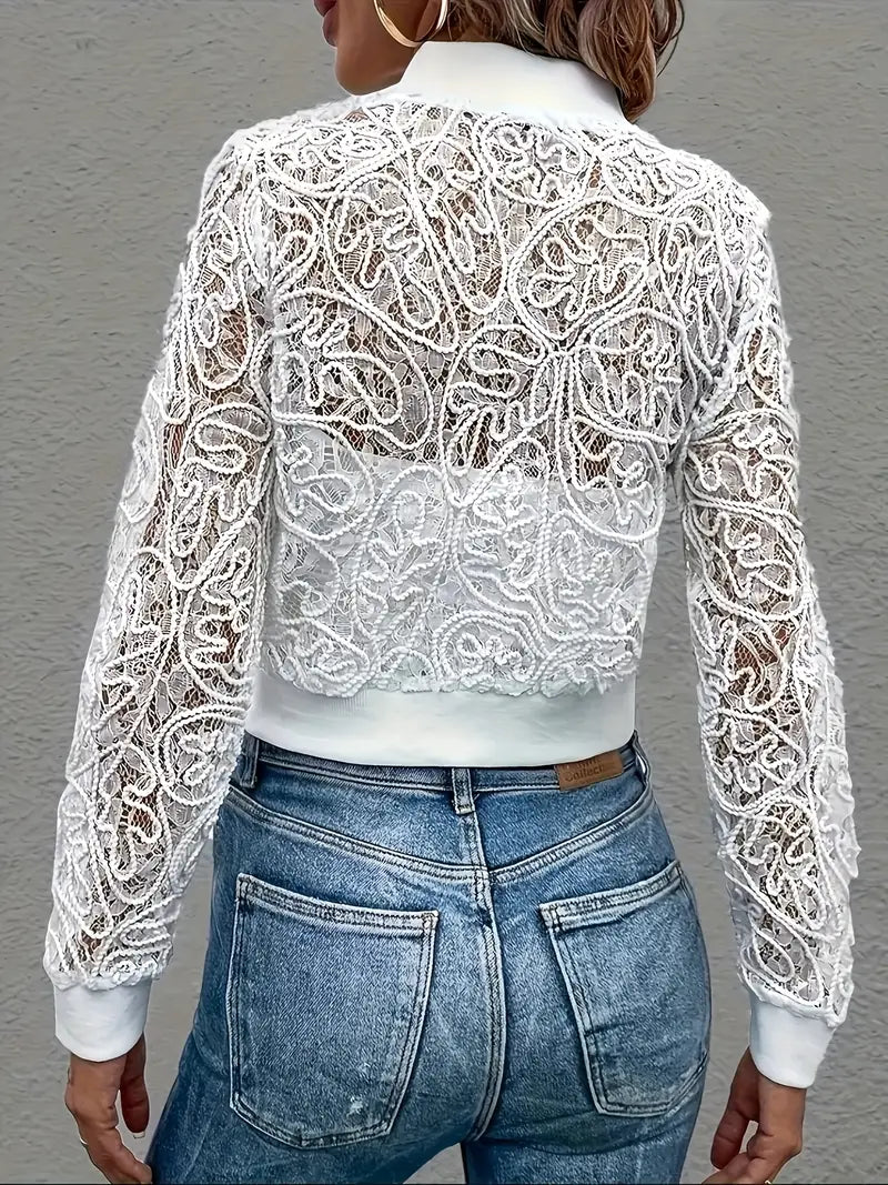 Andrina - Elegant Lace And Zip Up Crop Jacket