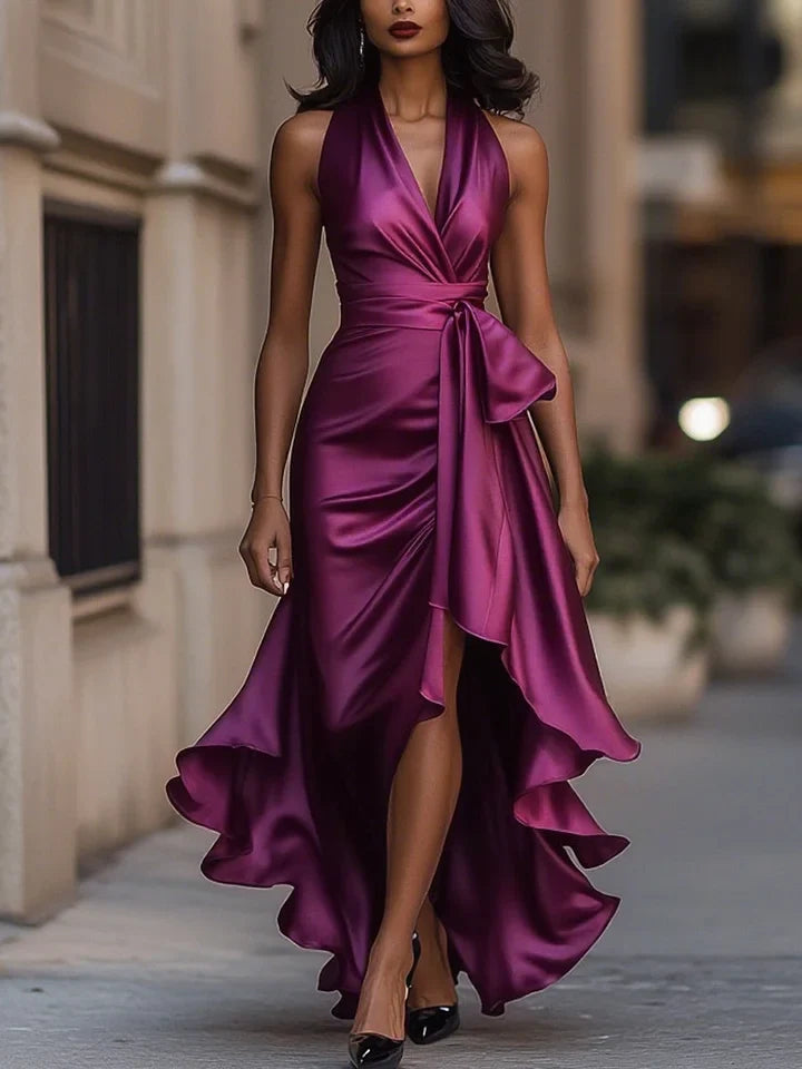 Sharipova - Elegant Satin Strapless Ruffle Dress