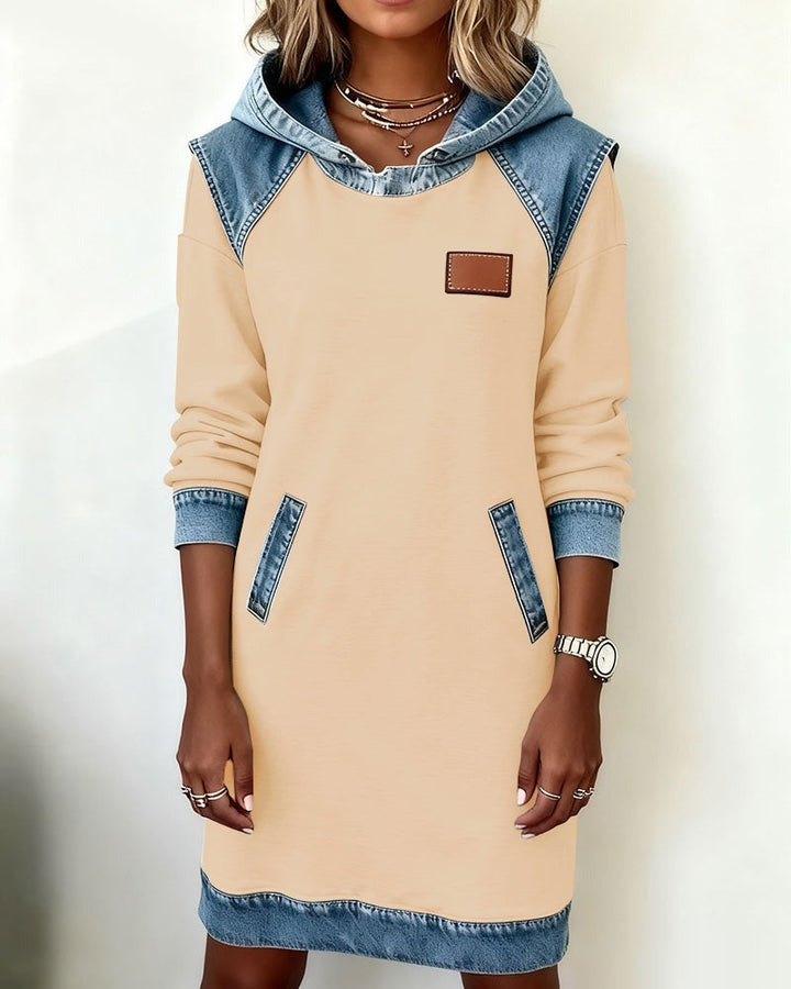 Viktoria - Casual Hooded Denim Insert Dress
