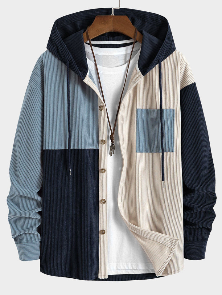 Elonzo - Colorblock Corduroy Hooded Shirt
