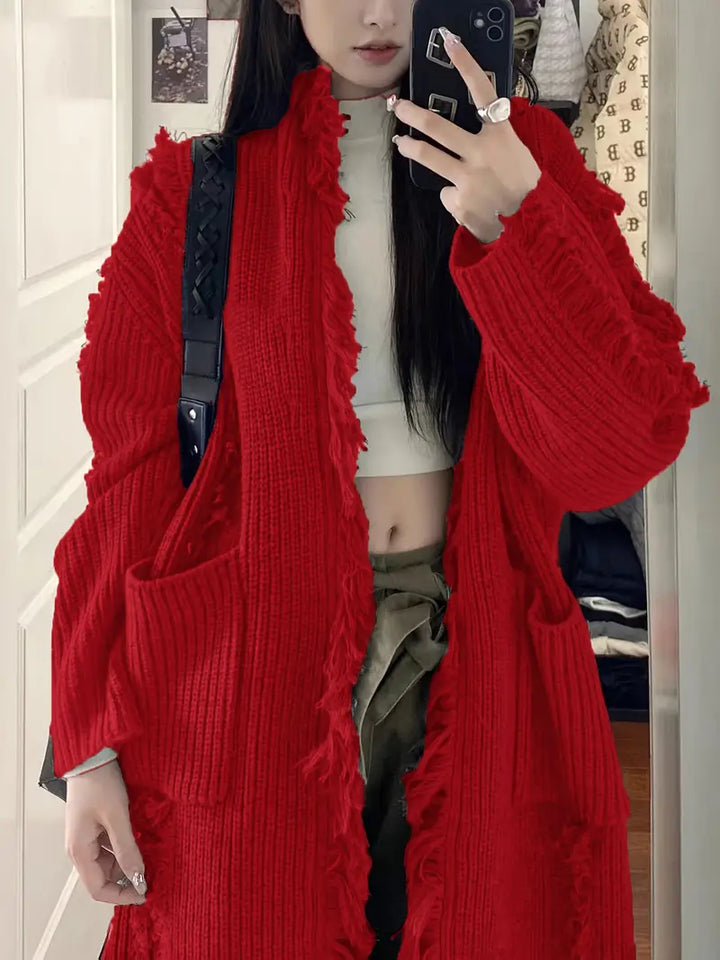 Ramziya - Elegant Long Tassel Cardigan With Pocket