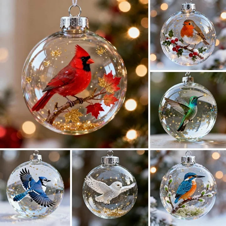 FrostFlight - Collection Of Glass Christmas Baubles With Cute Birds