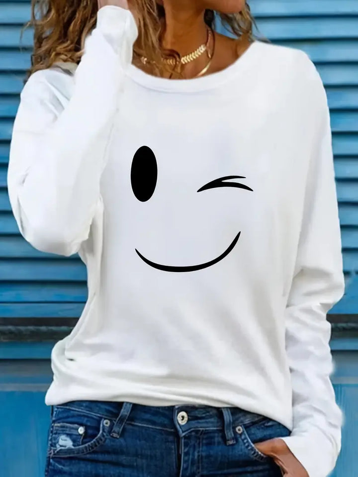 Odalina - Casual Smiley Wink Printed T-Shirt
