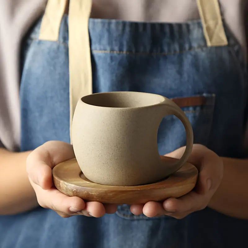 ClayHaven - Ceramic Coffee Mug With Wooden Saucer