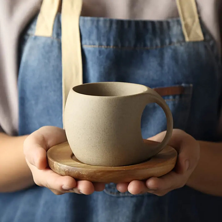 ClayHaven - Ceramic Coffee Mug With Wooden Saucer