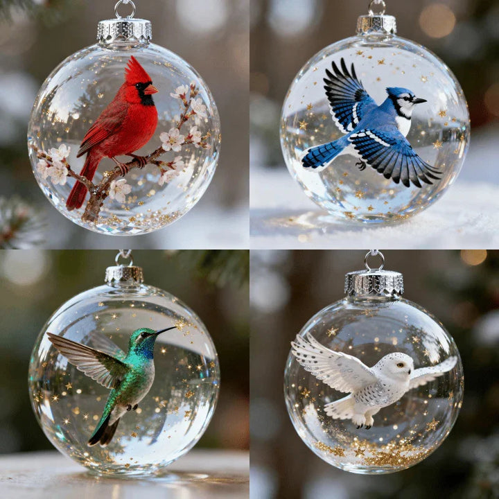 FrostFlight - Collection Of Glass Christmas Baubles With Cute Birds
