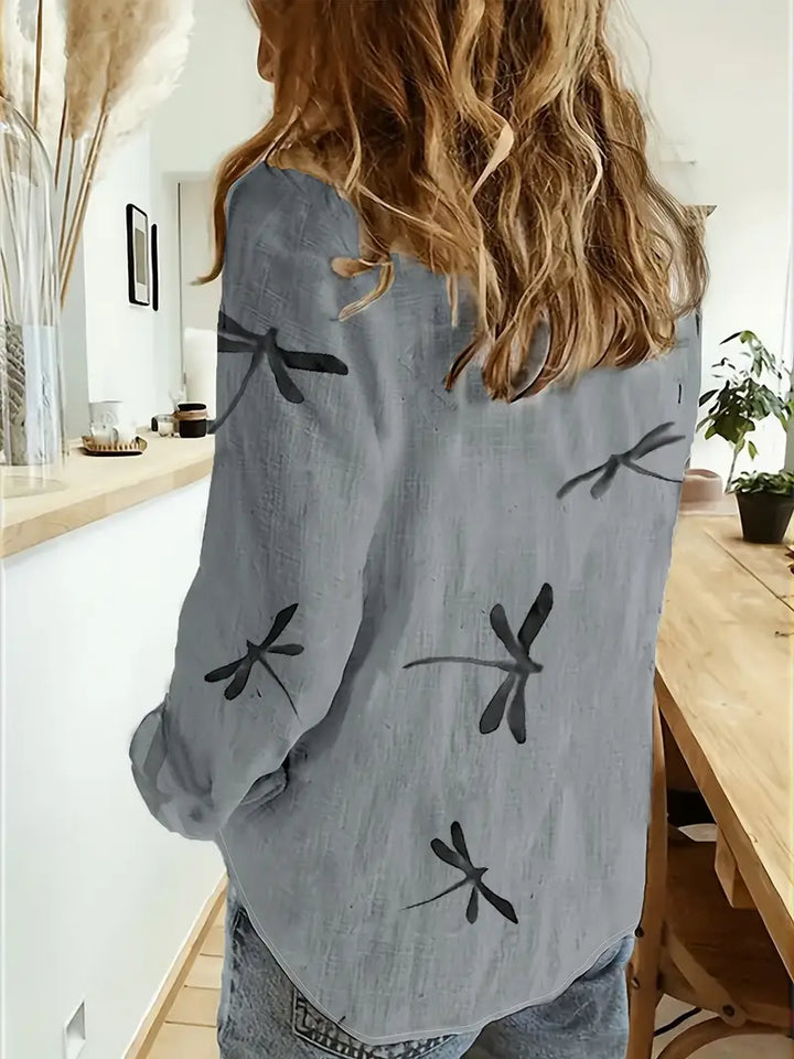 Melek - Casual Loose Fit Dragonfly Pattern Shirt