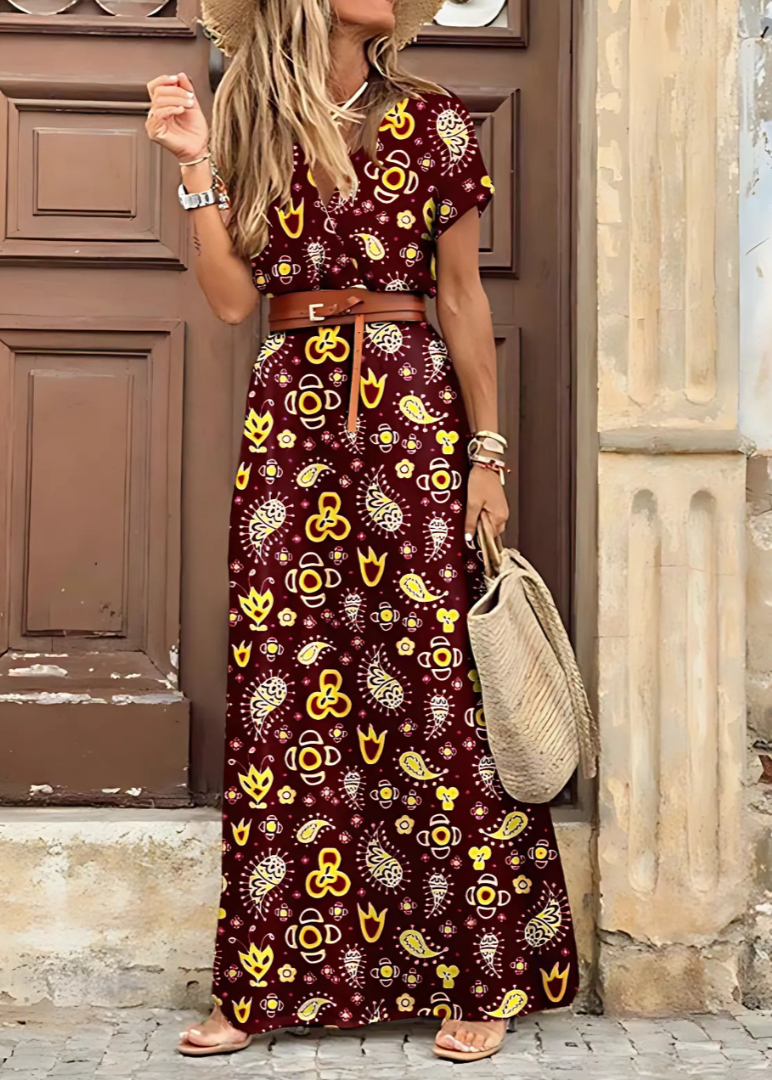 Briony - Elegant Paisley Print And Belted Long Dress