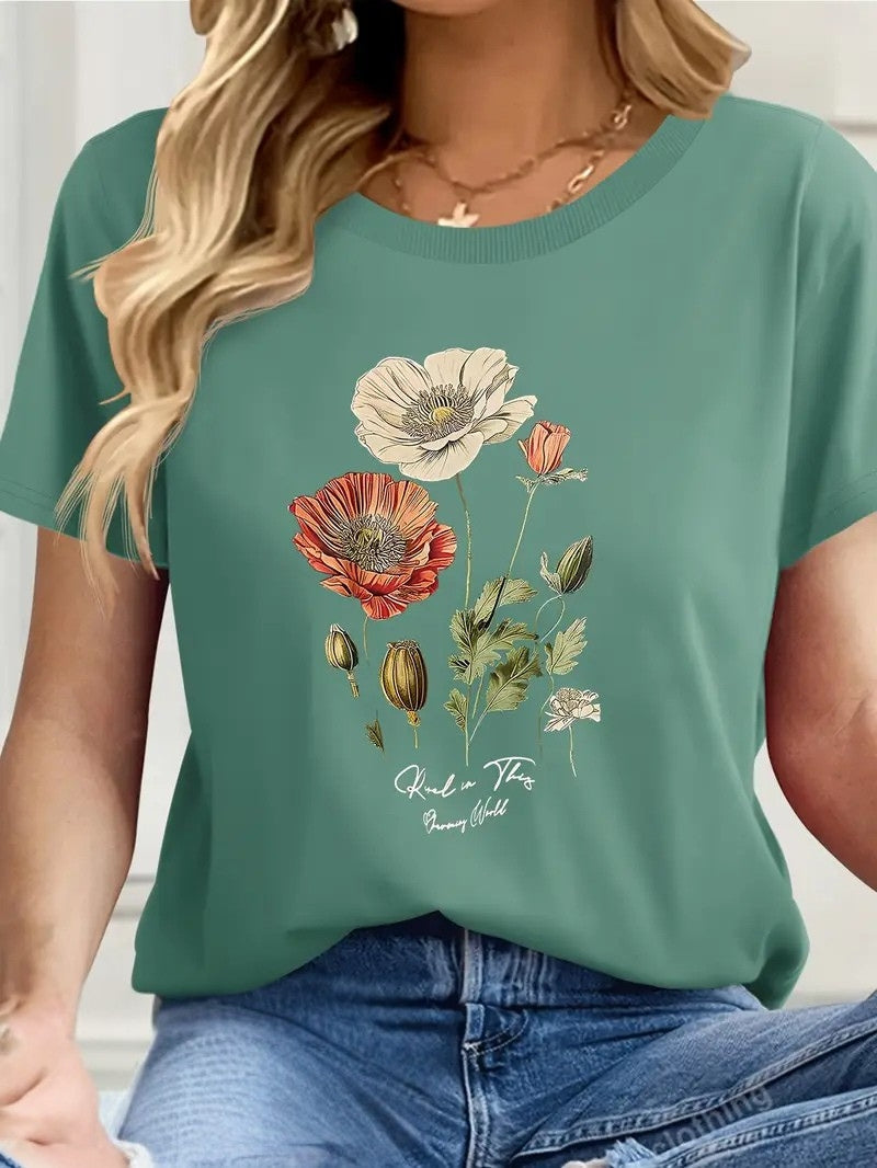 Aimilia - Elegant Short Sleeve T-Shirt With Floral Print