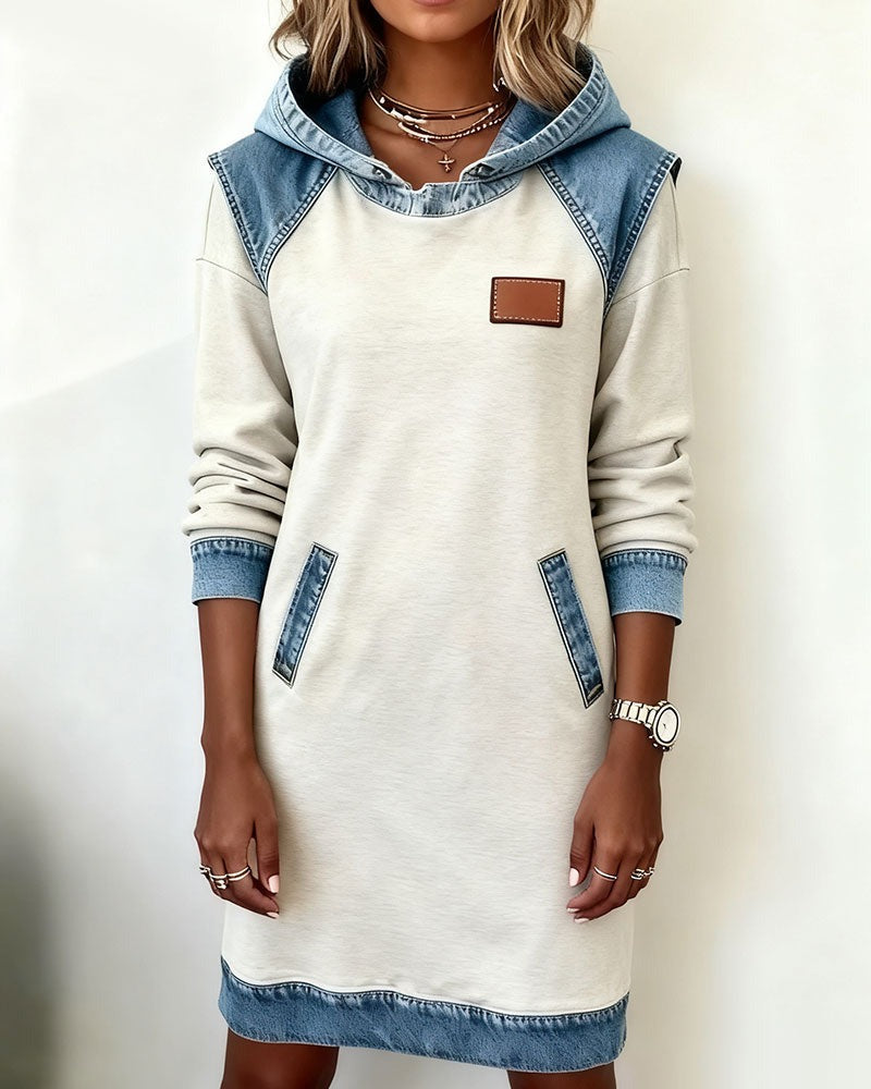 Viktoria - Casual Hooded Denim Insert Dress