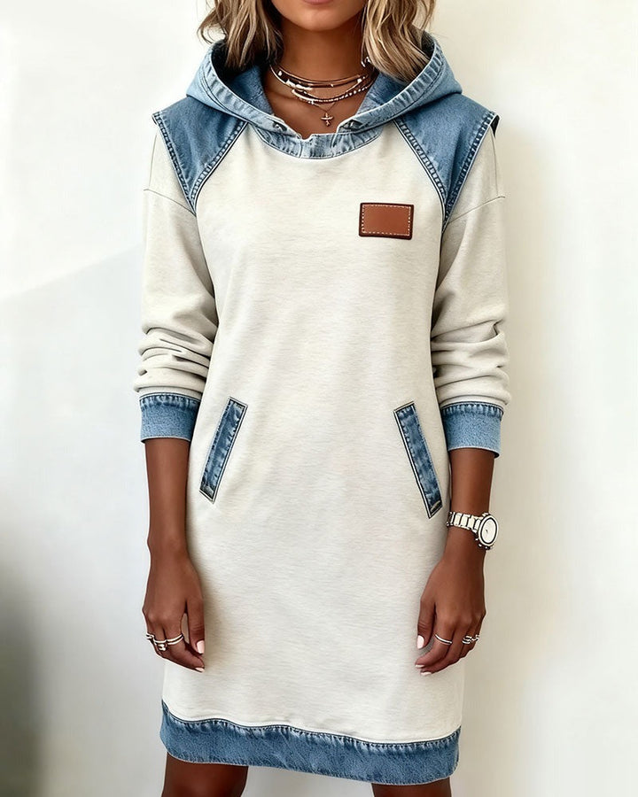 Viktoria - Casual Hooded Denim Insert Dress