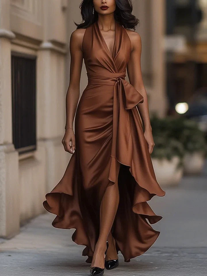 Sharipova - Elegant Satin Strapless Ruffle Dress