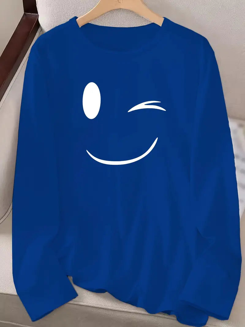 Odalina - Casual Smiley Wink Printed T-Shirt