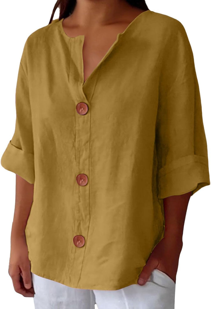 Maeve - Cotton Linen V Neck Shirt