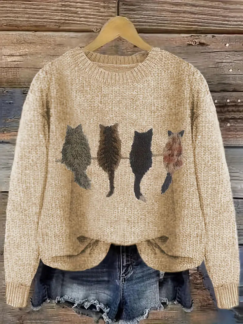 Urvana - Cat Print Long Sleeve Sweater