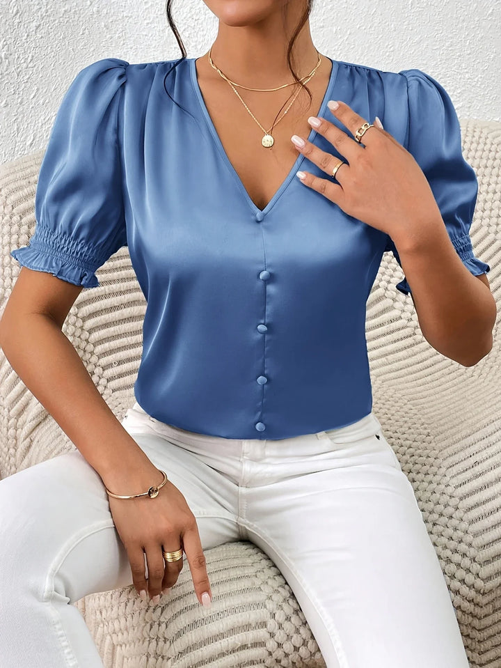 Abella - Elegant V-neck And Puff Sleeve Blouse