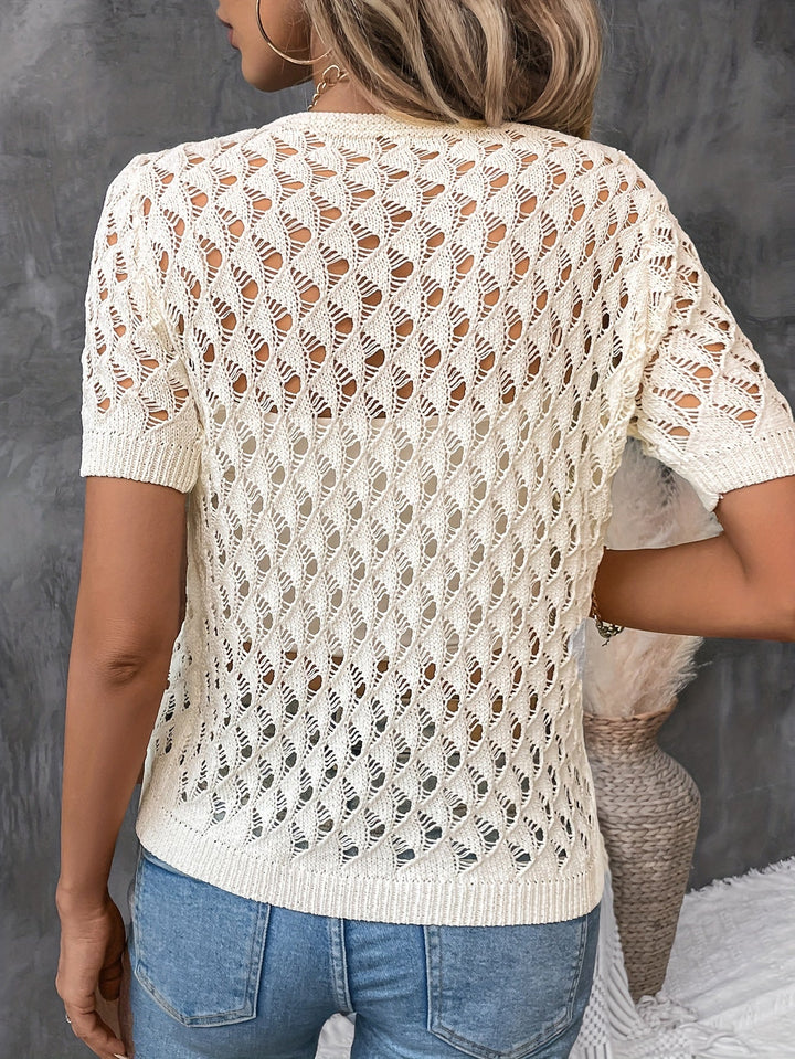 Angelique - Elegant V-Neck Lace Short Sleeve Pullover