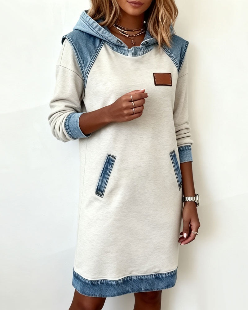 Viktoria - Casual Hooded Denim Insert Dress