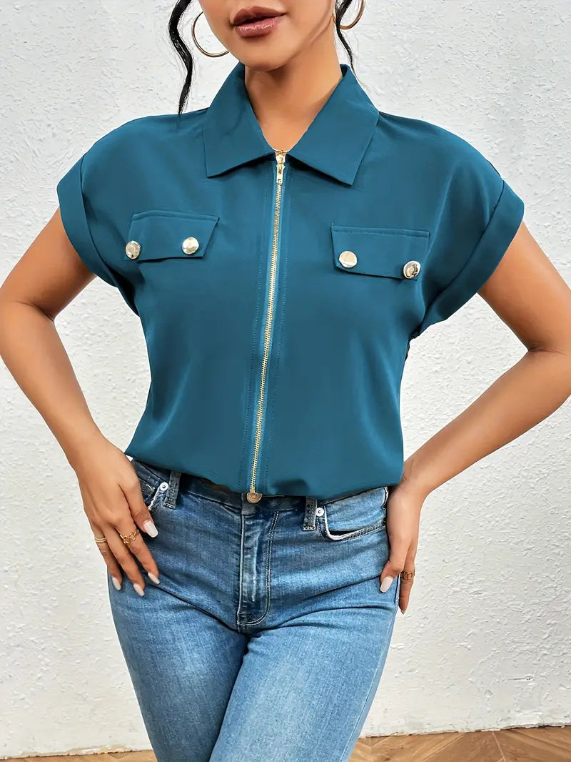 Alfano - Elegant Short Sleeve Blouse With Zipper
