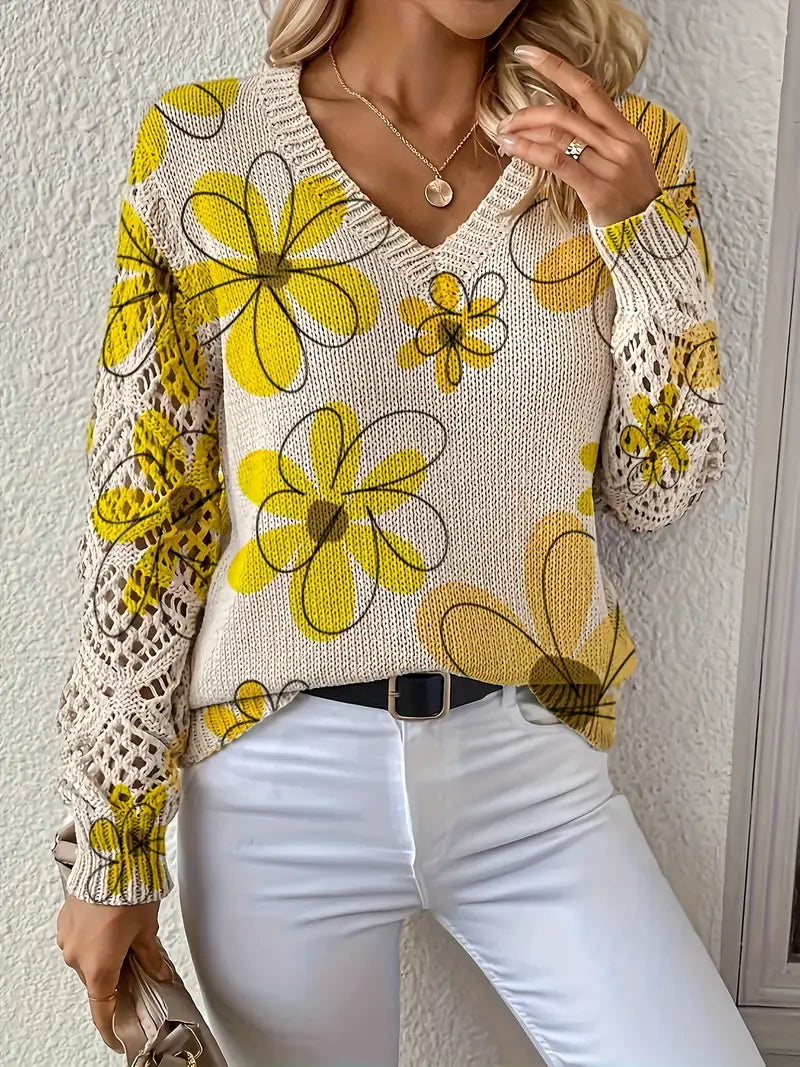 Marzena - Elegant Long Sleeve Sweater With Floral Print
