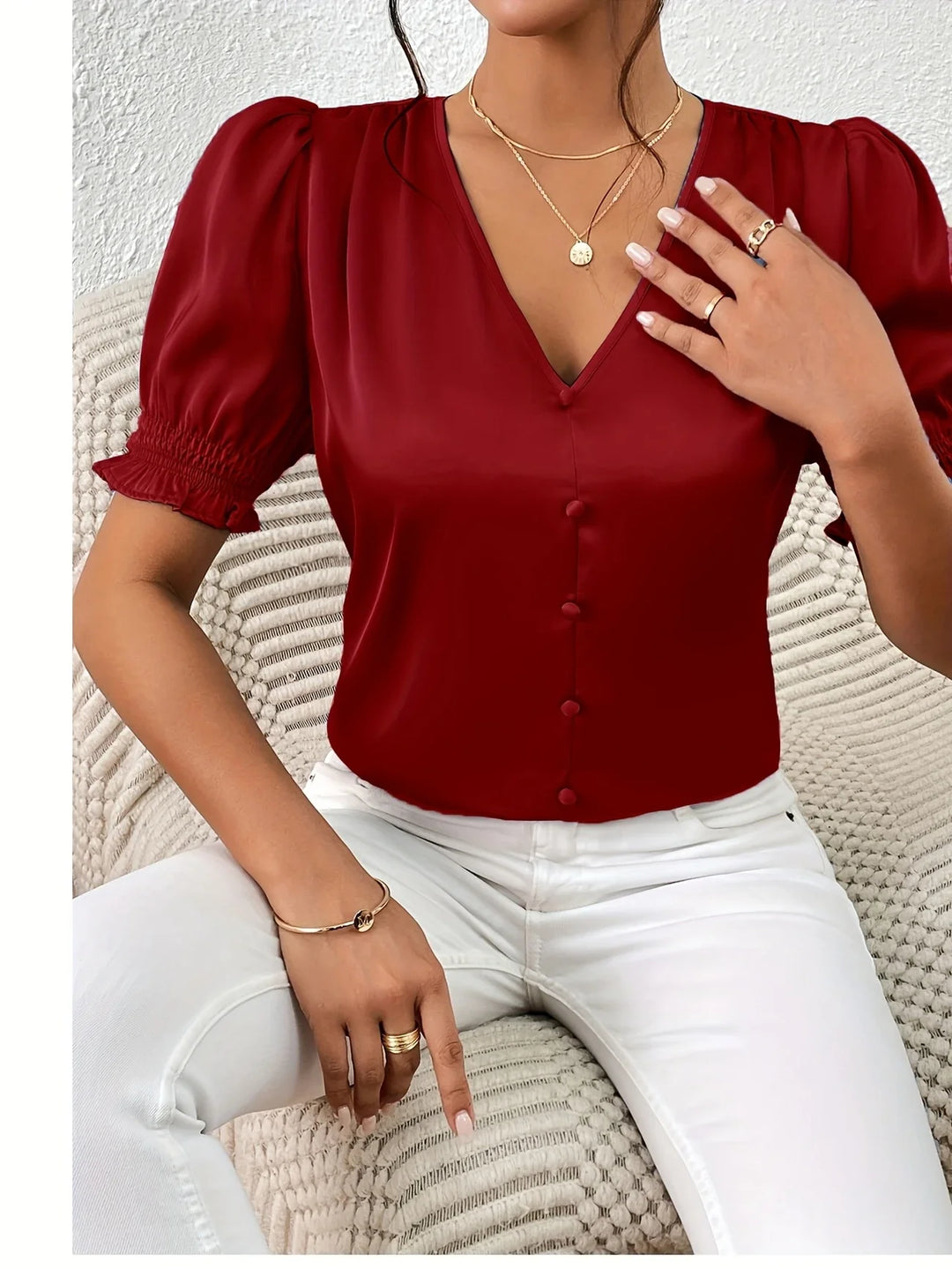 Abella - Elegant V-neck And Puff Sleeve Blouse