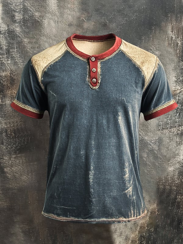 Men's Retro Color Block Henley Collar Short Sleeve T-Shirt