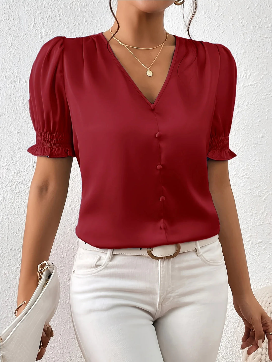Abella - Elegant V-neck And Puff Sleeve Blouse