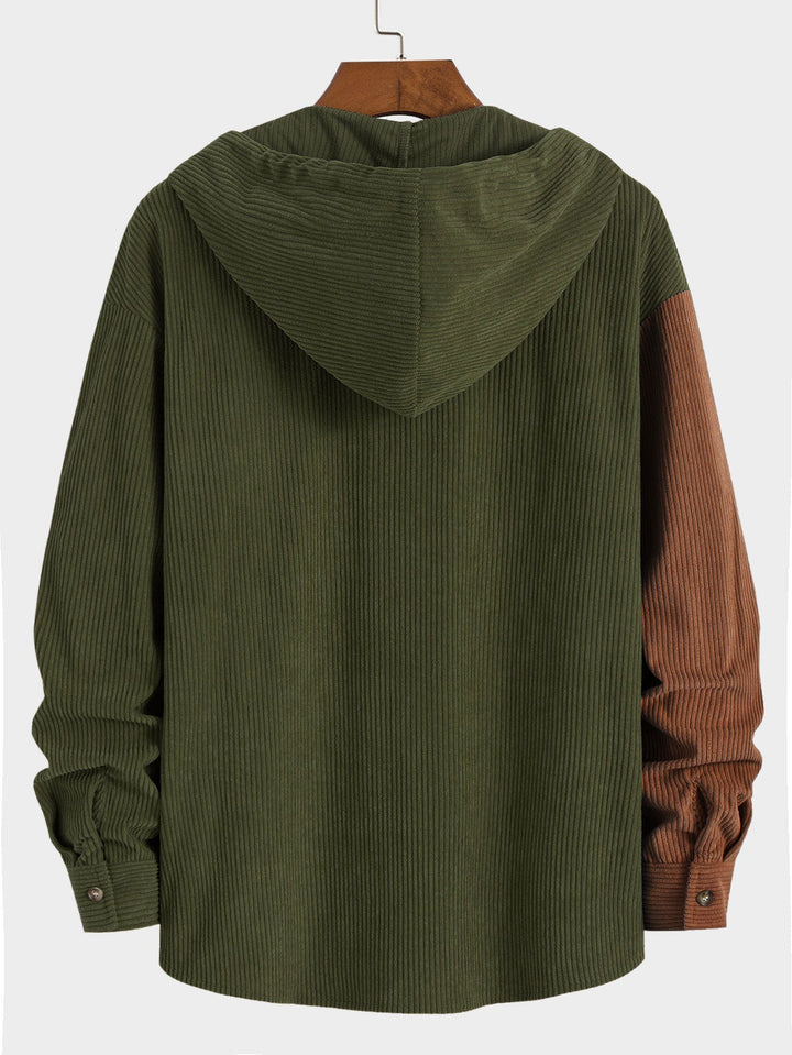 Elonzo - Colorblock Corduroy Hooded Shirt