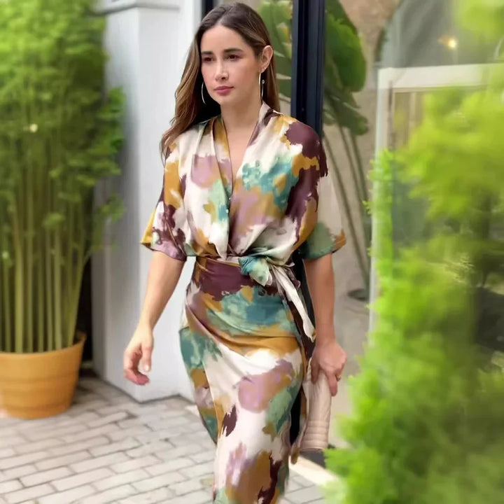 Natalja - Elegant Satin Dress with Abstract Print