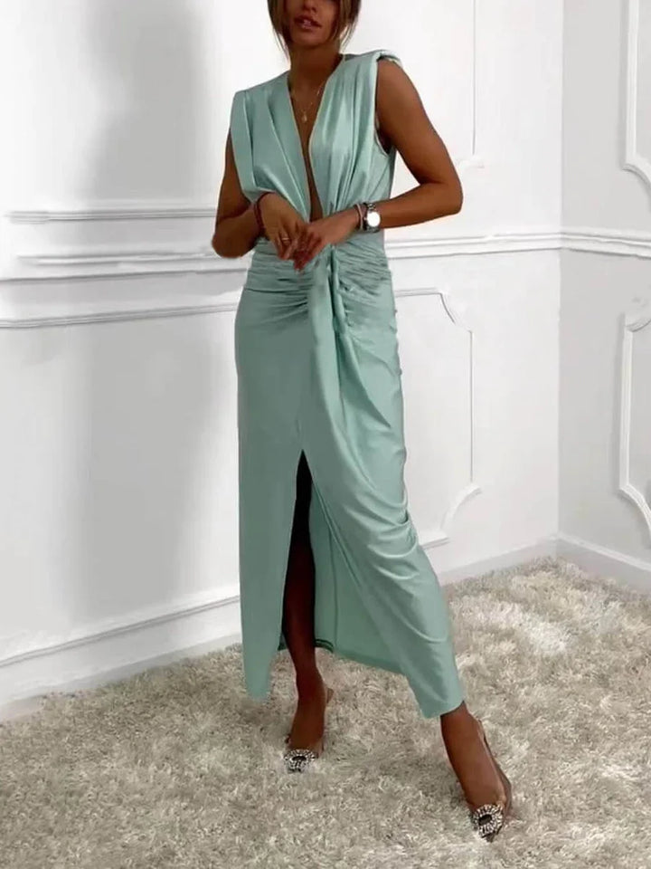Jolira - Classic Midi Dress With Ruched Draped Slit