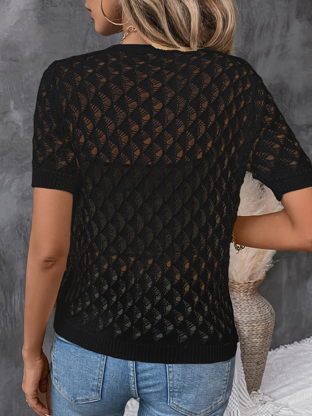 Angelique - Elegant V-Neck Lace Short Sleeve Pullover