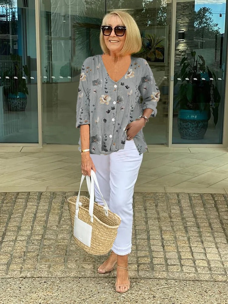 Teresa - Elegant Floral Blouse With Button