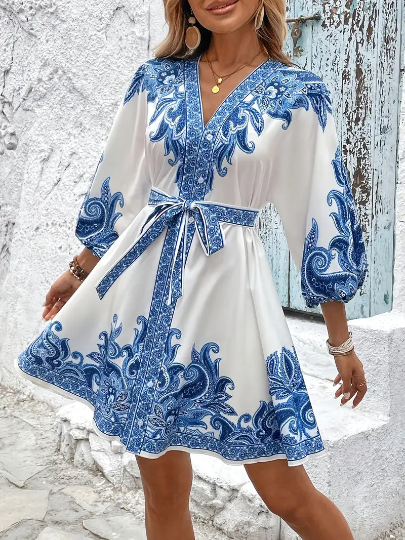 Gwenda - Paisley Print A-line V-Neck Dress