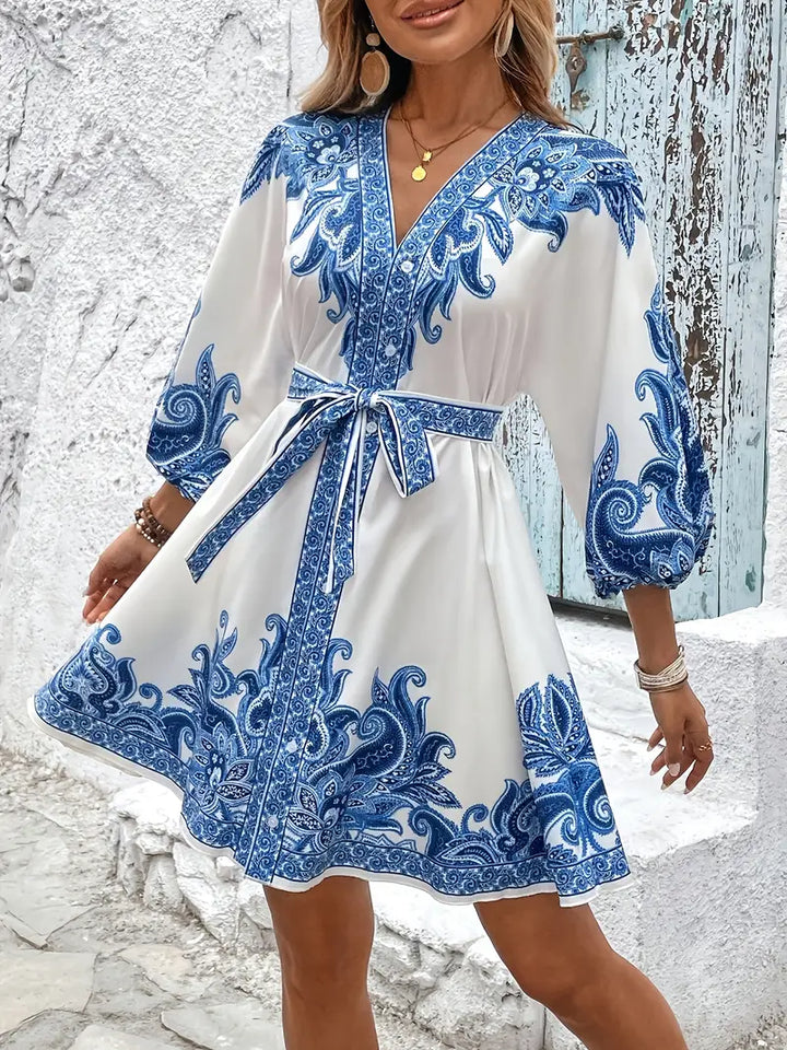 Gwenda - Paisley Print A-line V-Neck Dress