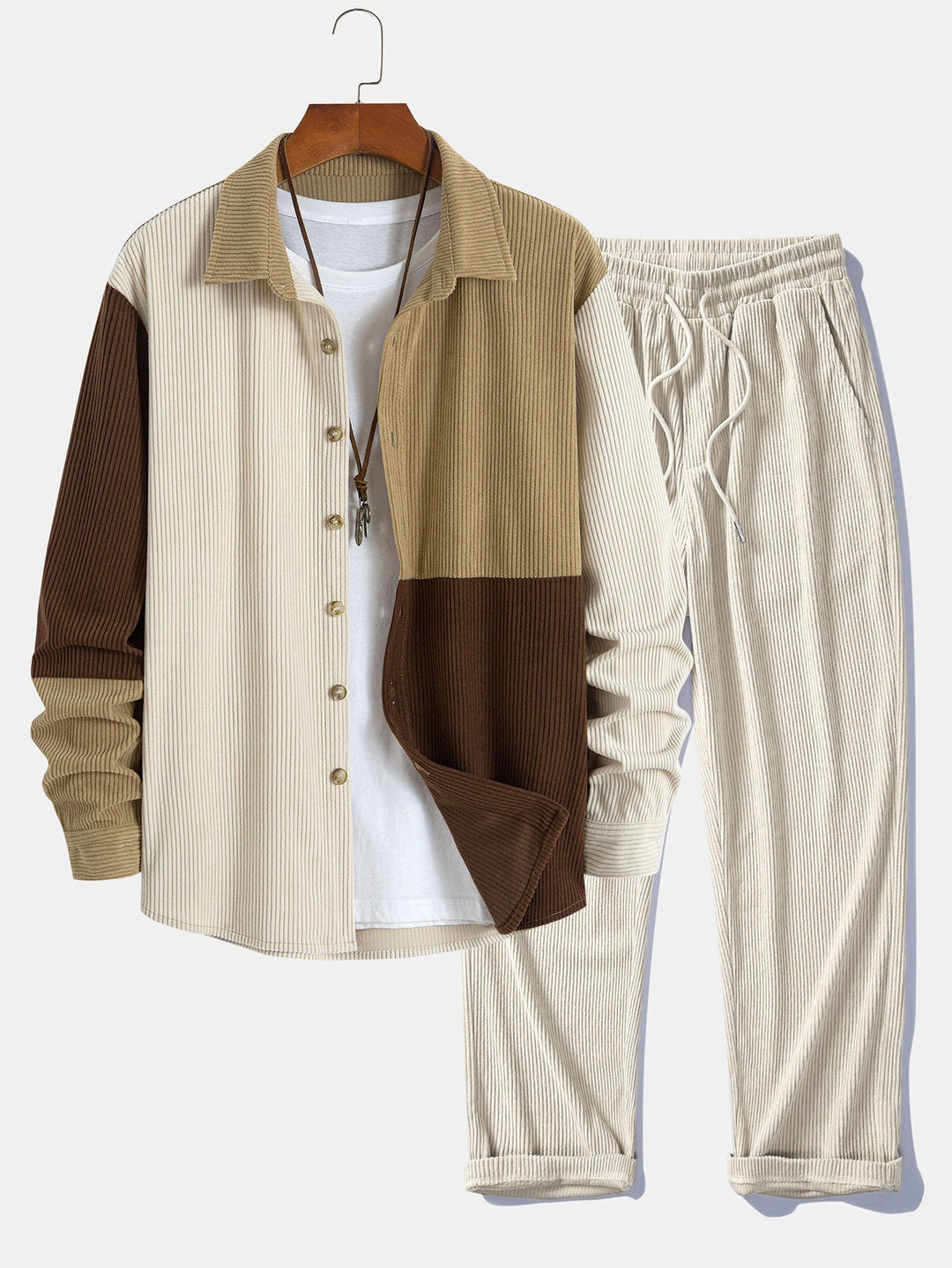Dermot - Corduroy Patchwork Hooded Shirt And Pants Set