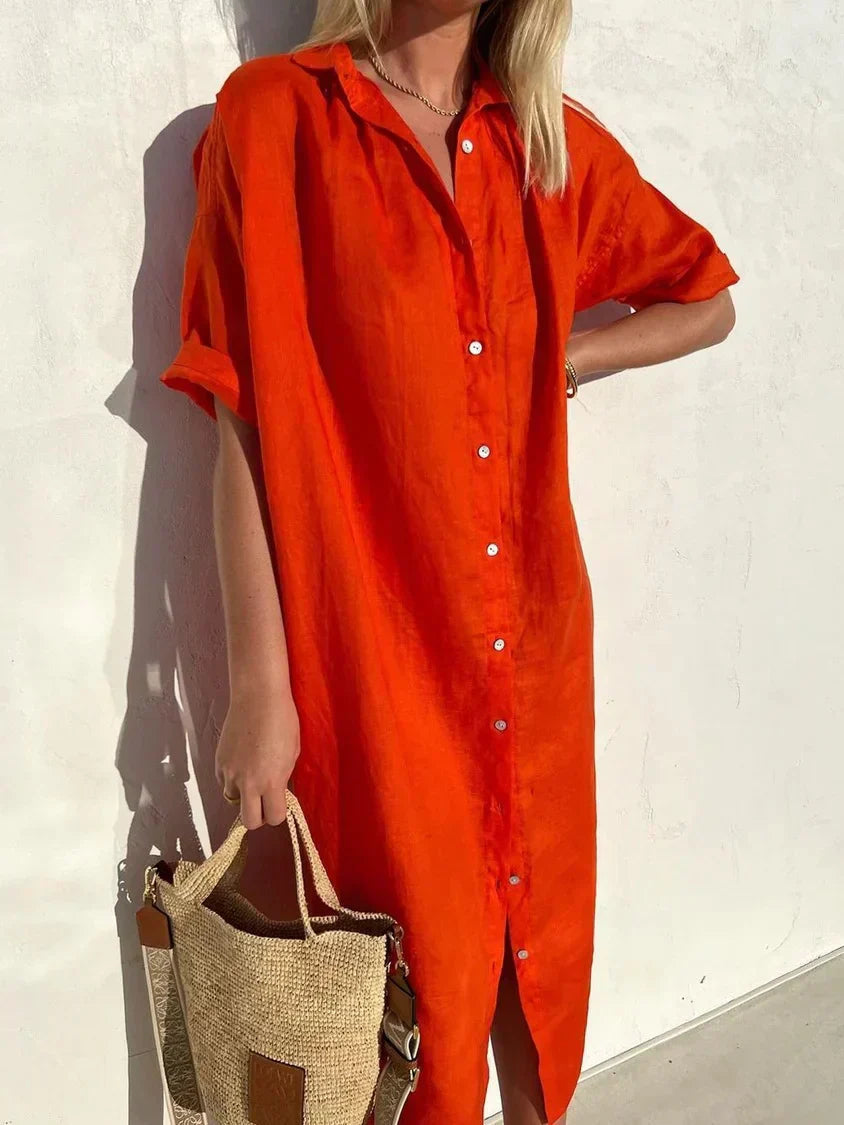 Janie - Elegant Button Closure And Linen Dress