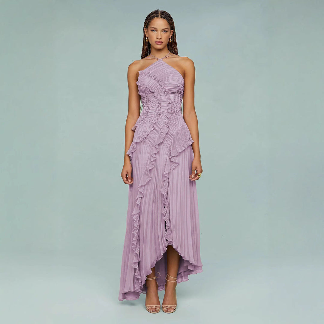 Maraike - Pleated Frill Halter Neck Maxi Dress