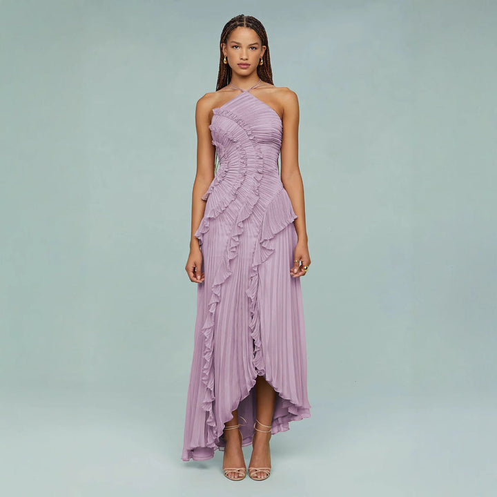 Maraike - Pleated Frill Halter Neck Maxi Dress